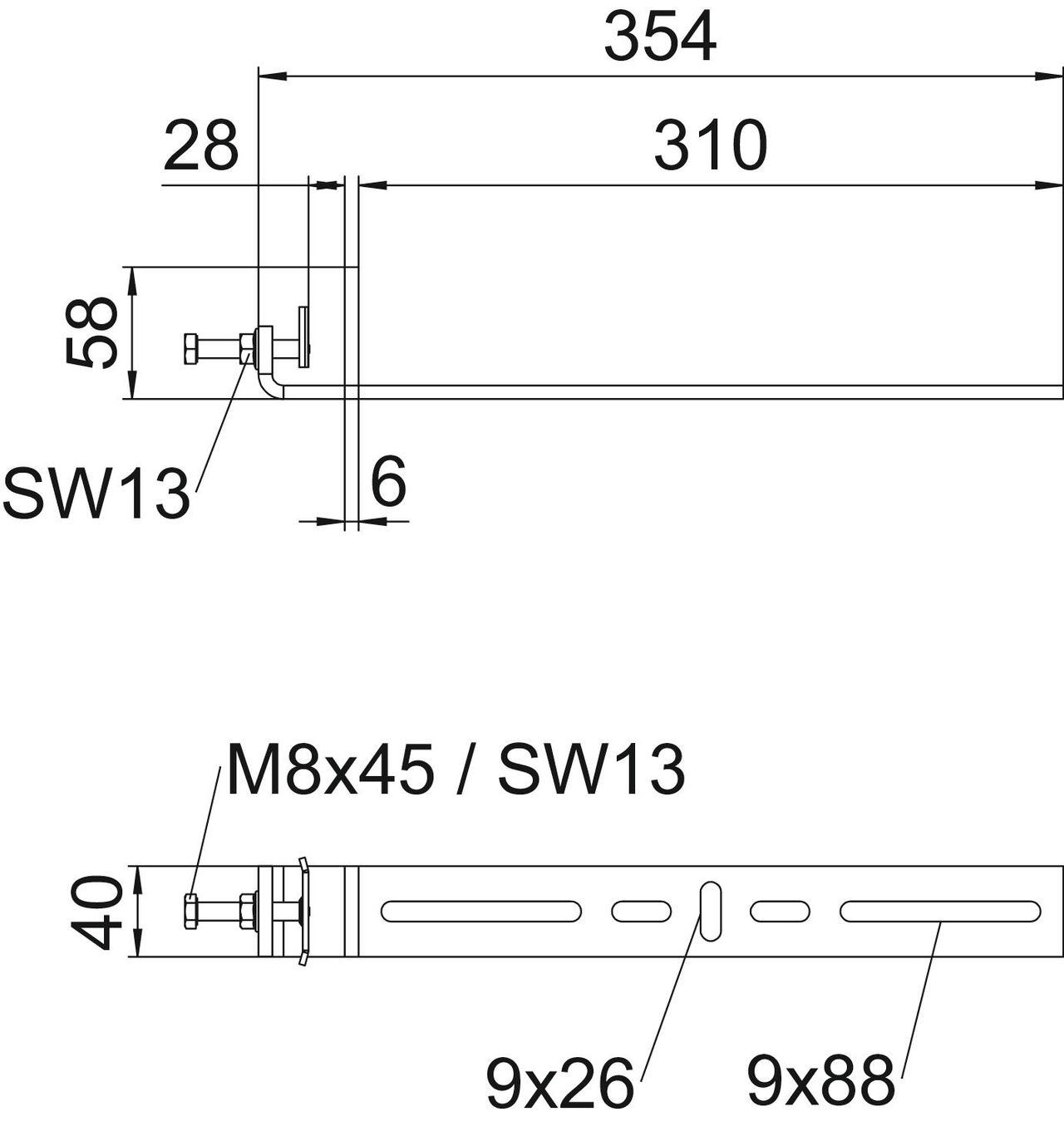 Clamping piece for vertical application 354x58x40 Aço inoxidável, livre de ferrugem A2 1.4301 brilhante, pós-tratamento aço inoxidável – Imagem 2 de 2