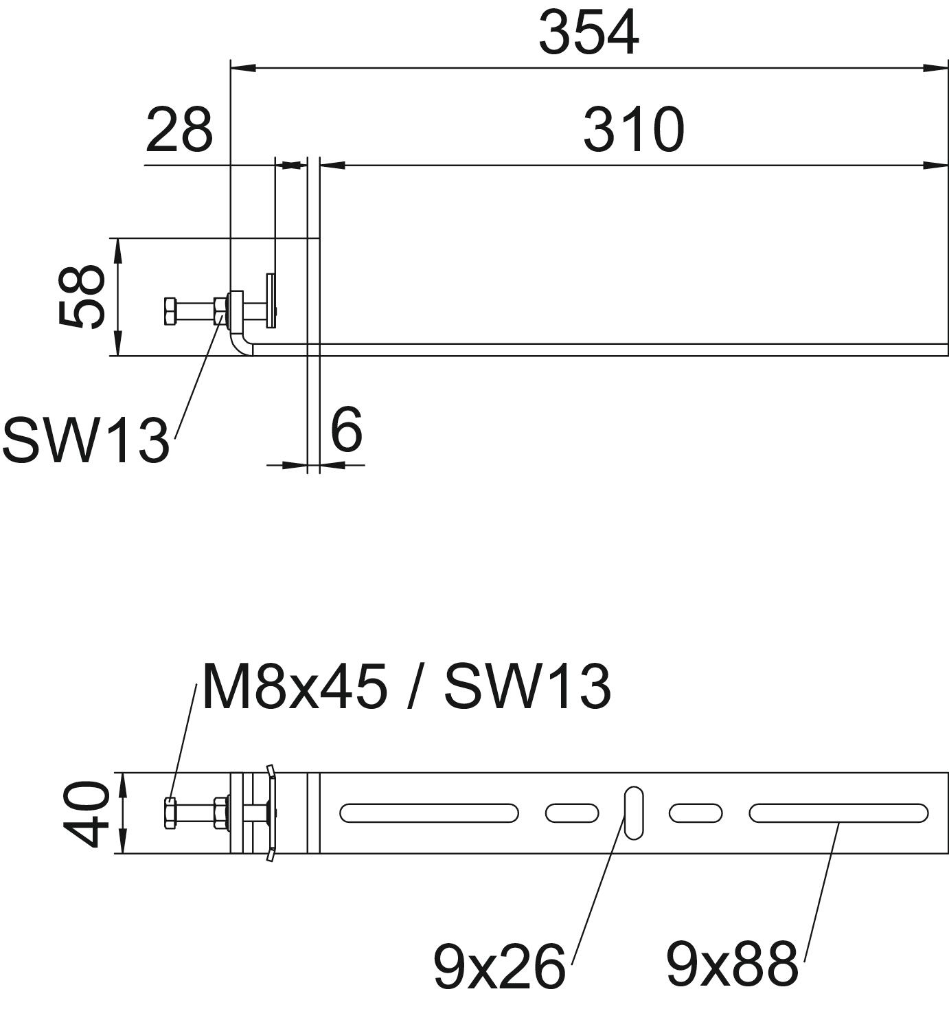 Clamping piece for vertical application 354x58x40 Aço inoxidável, livre de ferrugem A2 1.4301 brilhante, pós-tratamento aço inoxidável – Imagem 2 de 2