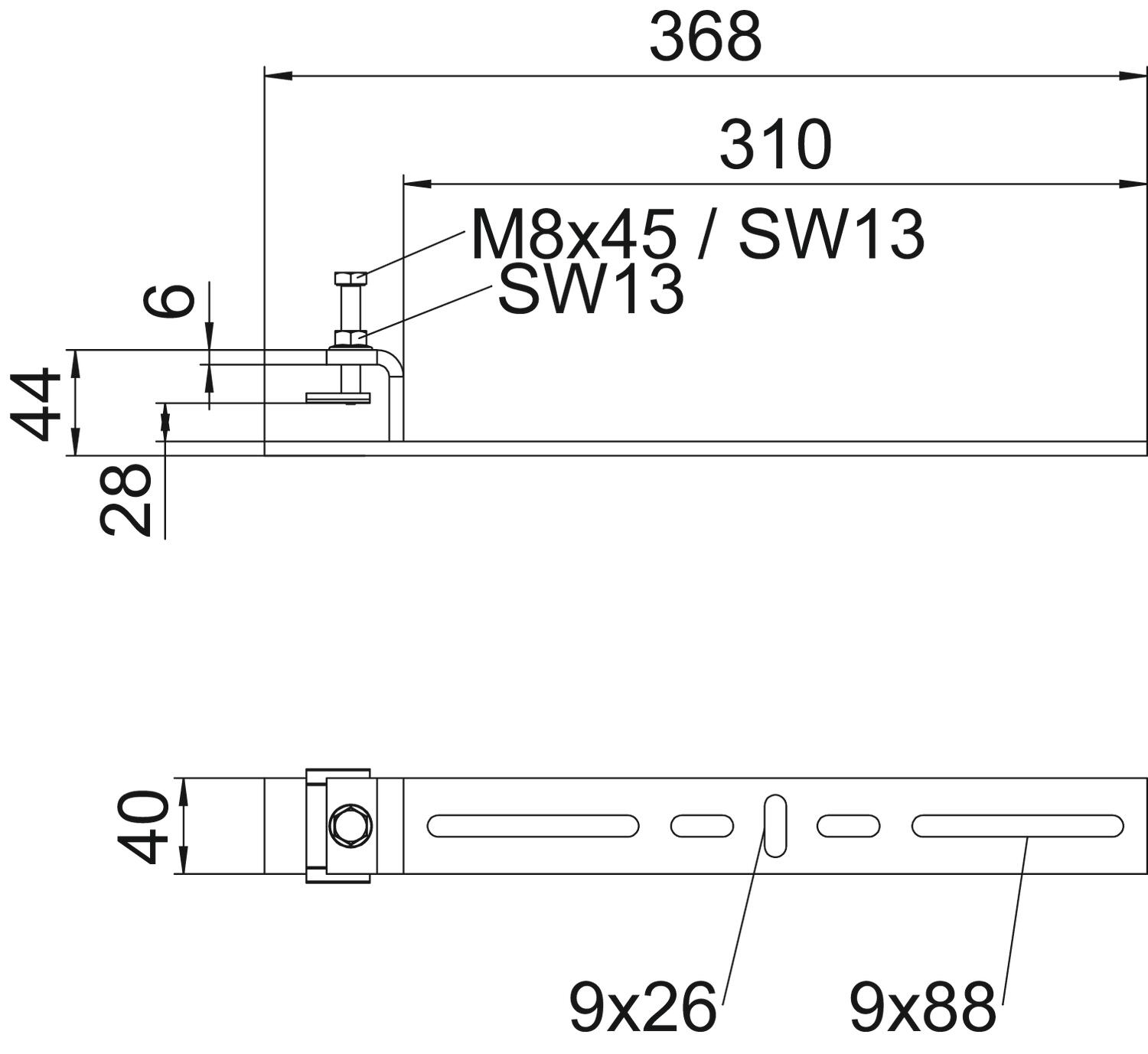 Clamping piece for horizontal application 368x44x40 Aço inoxidável, livre de ferrugem A2 1.4301 brilhante, pós-tratamento aço inoxidável – Imagem 2 de 2
