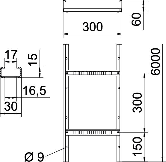 Caminho de cabos tipo escada perfurado, com degrau VS 60x300x6000 Aço inoxidável A4 1.4571 brilhante, pós-tratamento aço inoxidável – Imagem 2 de 3