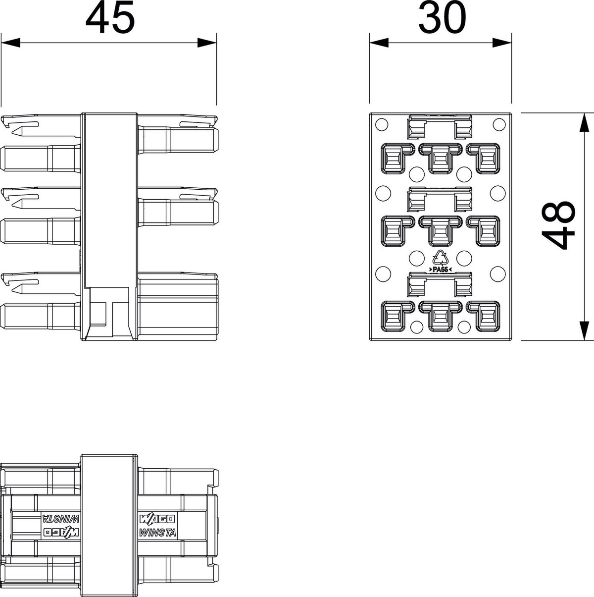 Bloco de distribuição 3 polos, 1E-5A, WINSTA 46x30x48 Poliamida branco – Imagem 2 de 2