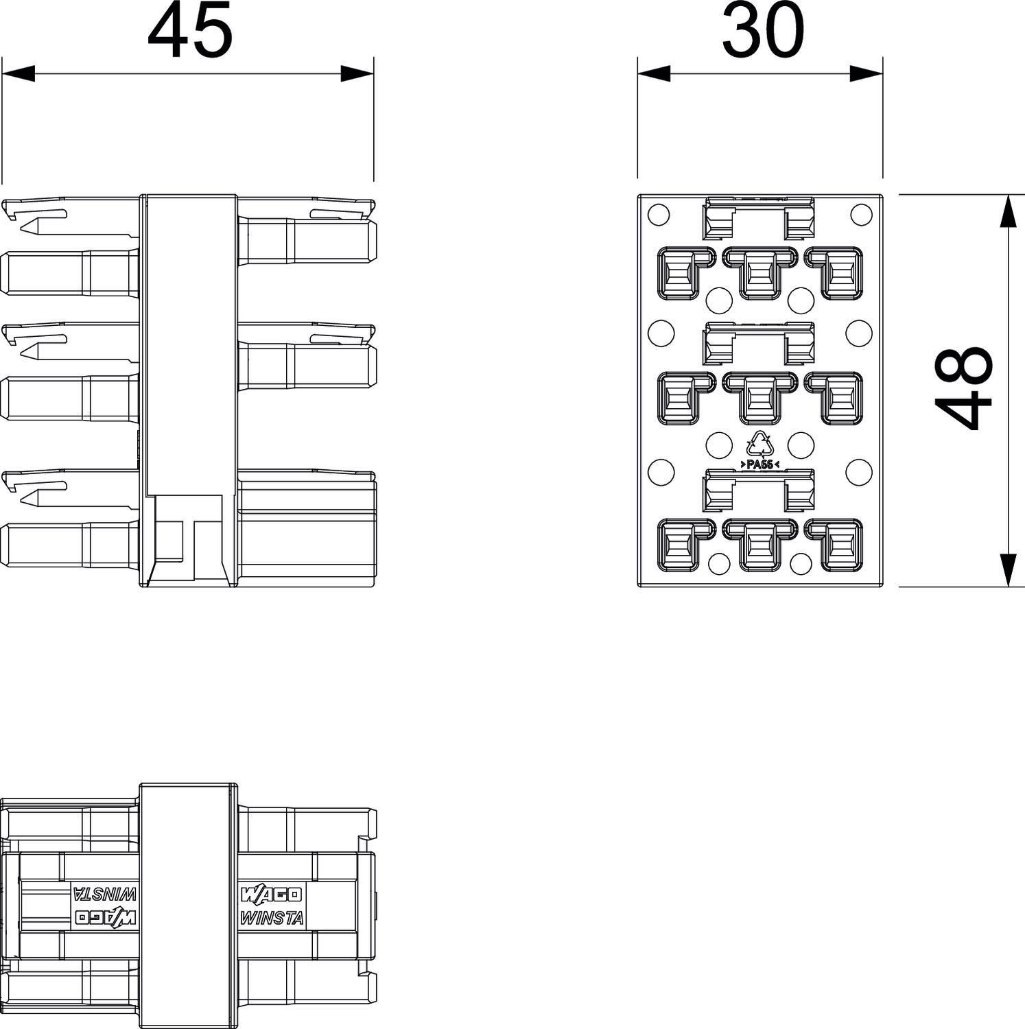 Bloco de distribuição 3 polos, 1E-5A, WINSTA 46x30x48 Poliamida branco – Imagem 2 de 2