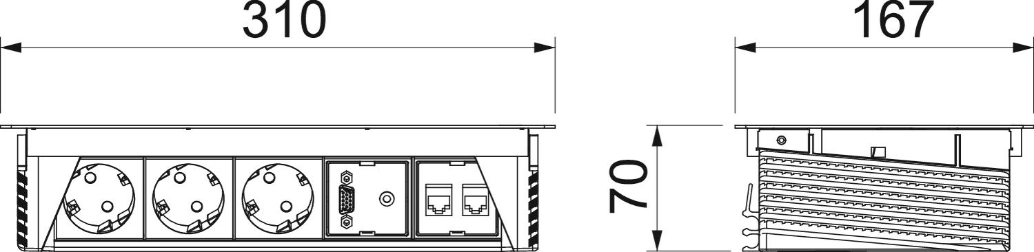Deskbox, oscilante para montagem embutida em mesa 310x167x68 Aço inoxidável, livre de ferrugem A2 1.4301 – Imagem 2 de 2