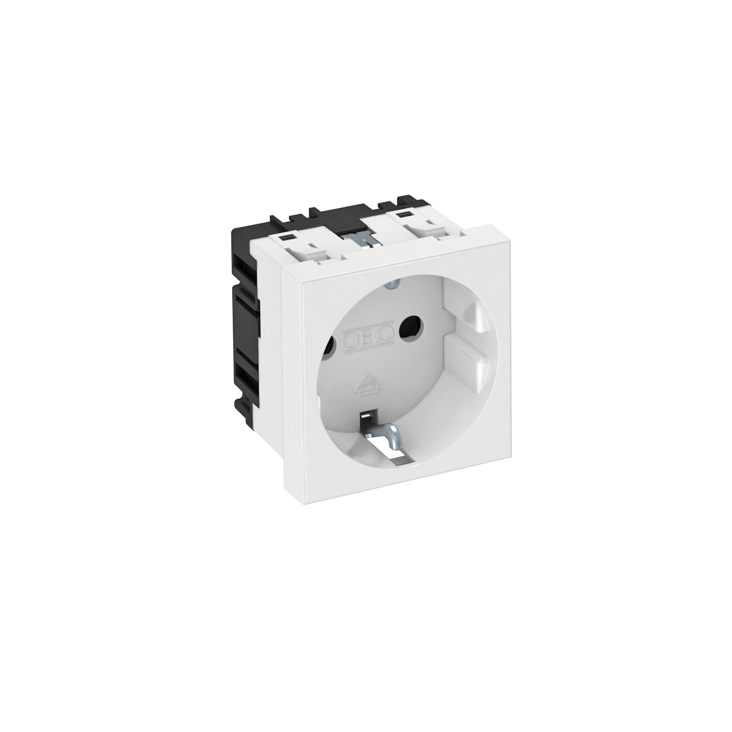 Tomada 0°, simples Alvéolos protegidos 250V, 10/16A Policarbonato branco puro RAL 9010