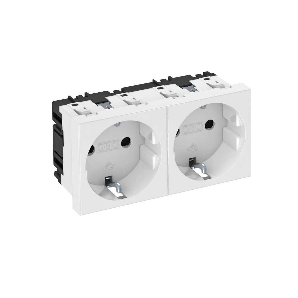 Tomada 0°, dupla Alvéolos protegidos 250V, 10/16A Policarbonato branco puro RAL 9010