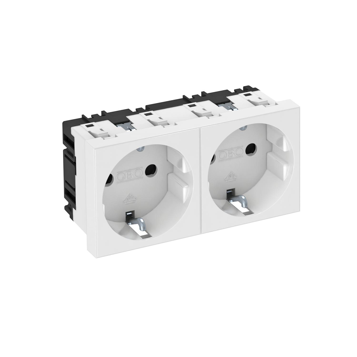 Tomada 0°, dupla Alvéolos protegidos 250V, 10/16A Policarbonato branco puro RAL 9010