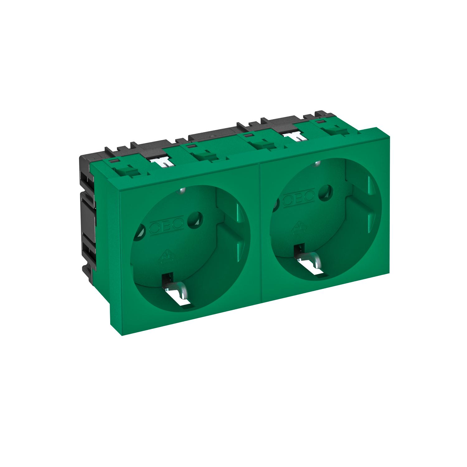Tomada 0°, dupla Alvéolos protegidos 250V, 10/16A Policarbonato verde menta RAL 6029