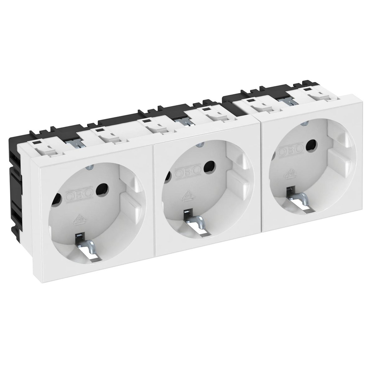 Tomada 0°, tripla Alvéolos protegidos 250V, 10/16A Policarbonato branco puro RAL 9010