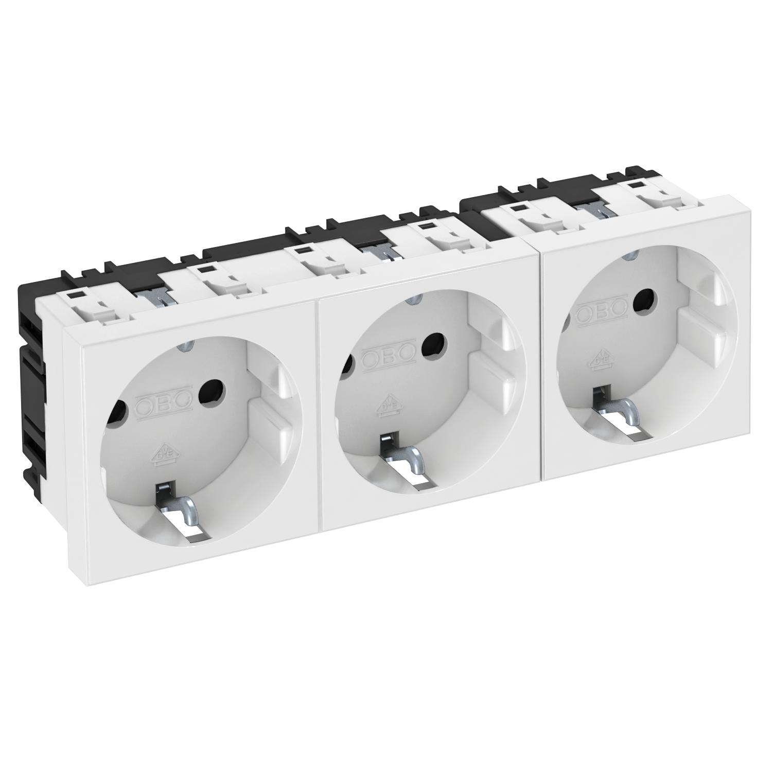 Tomada 0°, tripla Alvéolos protegidos 250V, 10/16A Policarbonato branco puro RAL 9010