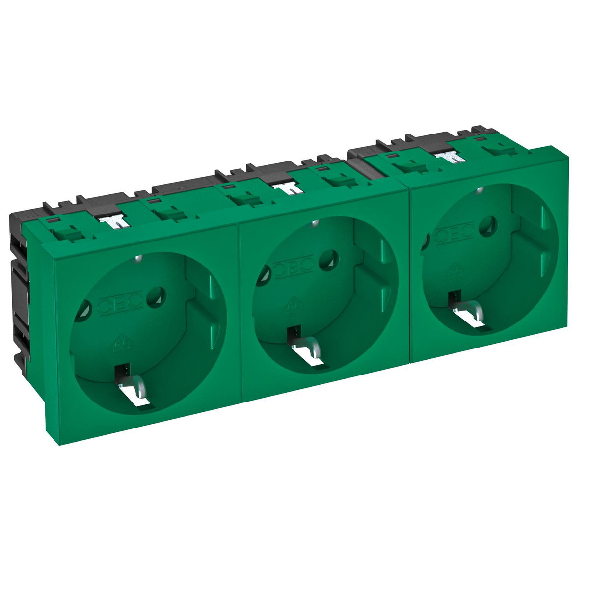 Tomada 0°, tripla Alvéolos protegidos 250V, 10/16A Policarbonato verde menta RAL 6029