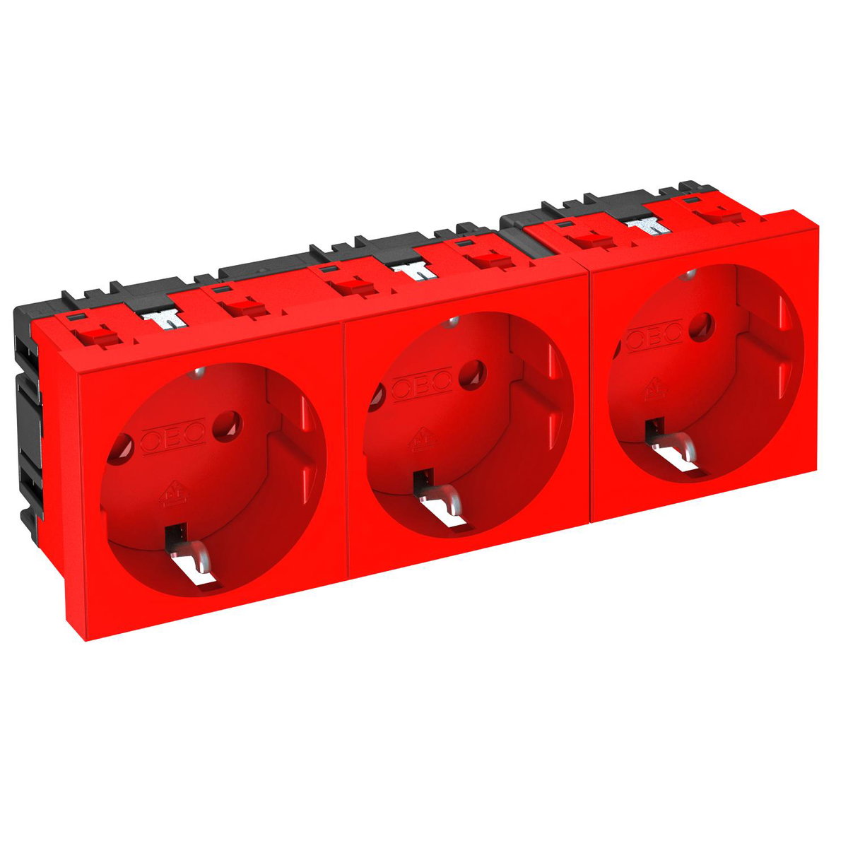 Tomada 0°, tripla Alvéolos protegidos 250V, 10/16A Policarbonato vermelho RAL 3001