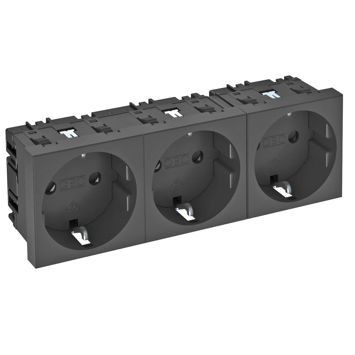 Tomada 0°, tripla Alvéolos protegidos 250V, 10/16A Policarbonato cinzento antracite RAL 7021