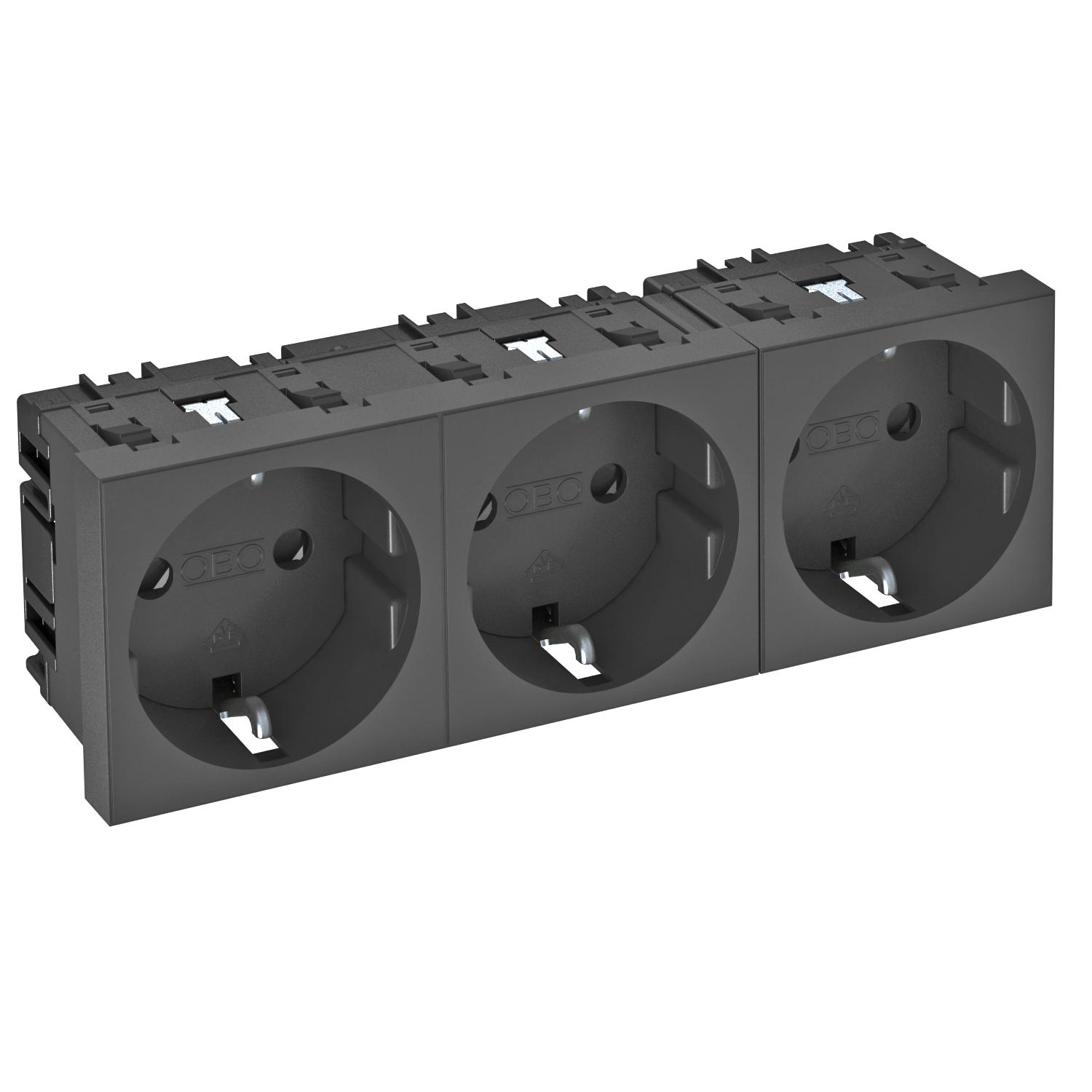 Tomada 0°, tripla Alvéolos protegidos 250V, 10/16A Policarbonato cinzento antracite RAL 7021
