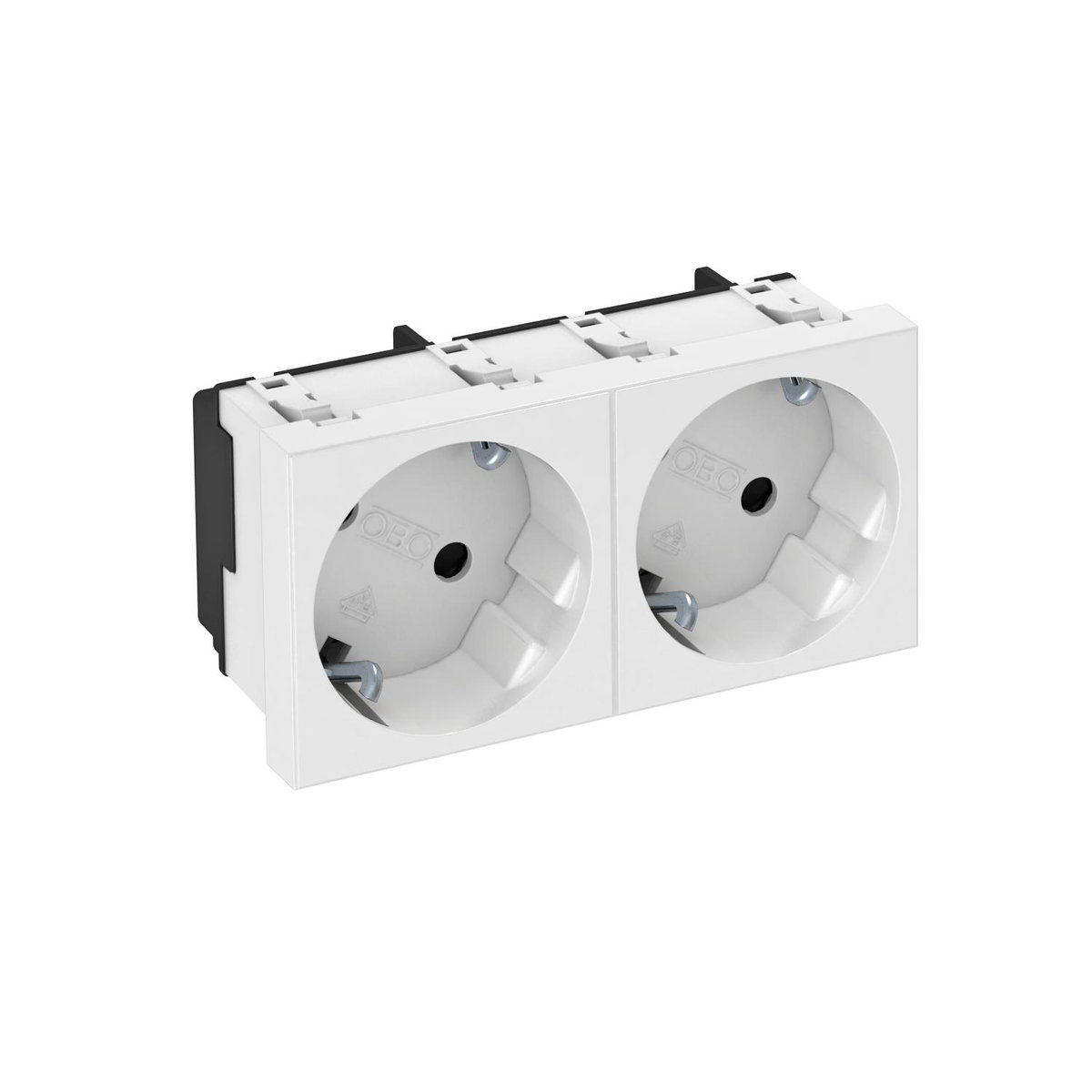 Tomada 33°, dupla Alvéolos protegidos 250V, 10/16A Policarbonato branco puro RAL 9010