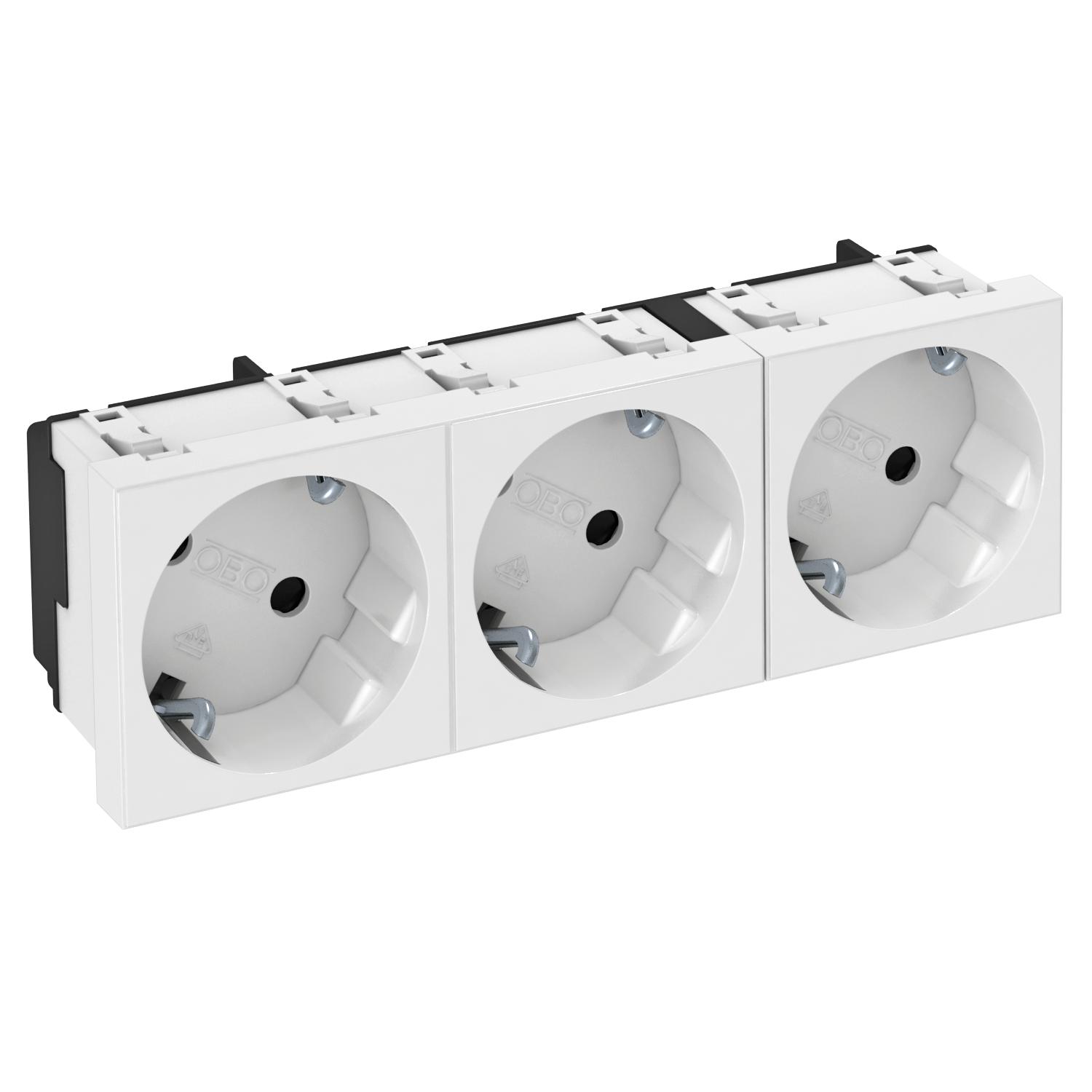 Tomada 33°, tripla Alvéolos protegidos 250V, 10/16A Policarbonato branco puro RAL 9010