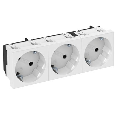 Tomada 33°, tripla Alvéolos protegidos 250V, 10/16A Policarbonato branco puro RAL 9010