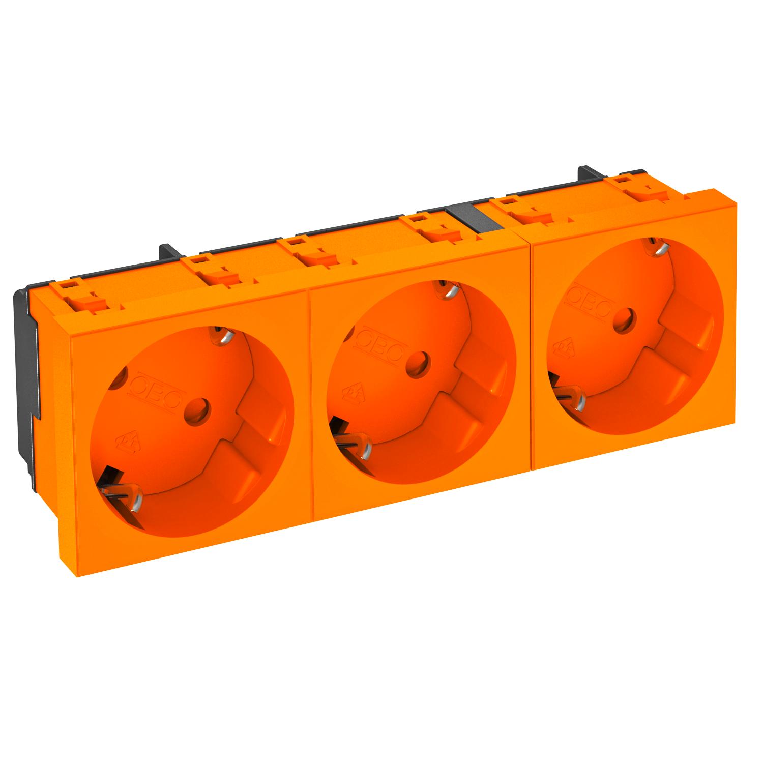 Tomada 33°, tripla Alvéolos protegidos 250V, 10/16A Policarbonato cor de laranja RAL 2004