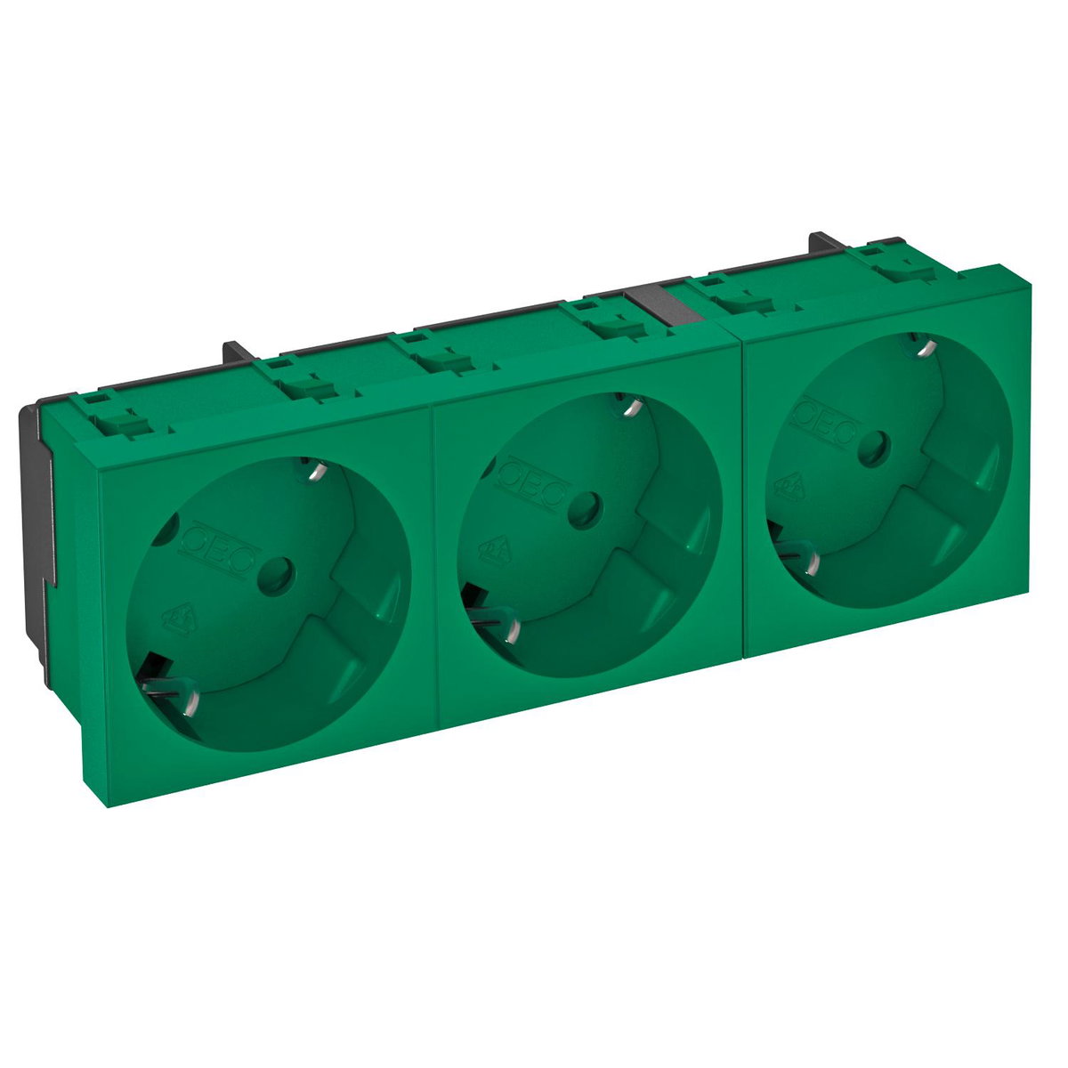 Tomada 33°, tripla Alvéolos protegidos 250V, 10/16A Policarbonato verde menta RAL 6029