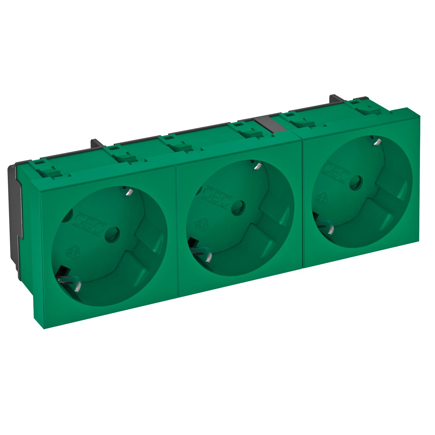 Tomada 33°, tripla Alvéolos protegidos 250V, 10/16A Policarbonato verde menta RAL 6029