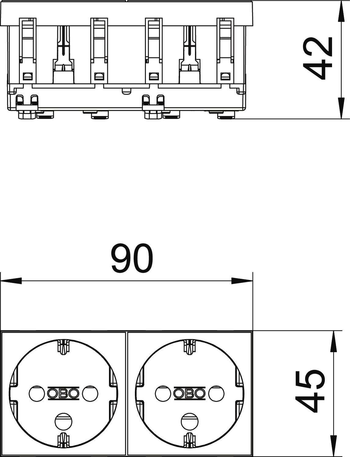 Tomada 0°, dupla, encravamento Alvéolos protegidos 250V, 10/16A Policarbonato vermelho RAL 3001 – Imagem 2 de 3