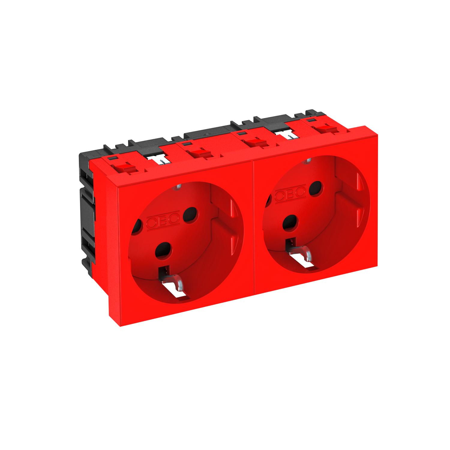 Tomada 0°, dupla, encravamento Alvéolos protegidos 250V, 10/16A Policarbonato vermelho RAL 3001