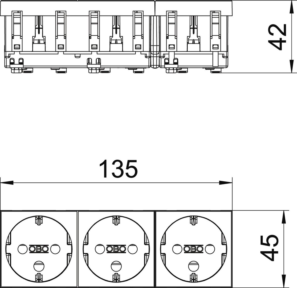 Tomada 0°, tripla, encrav. Alvéolos protegidos 250V, 10/16A Policarbonato vermelho RAL 3001 – Imagem 2 de 3