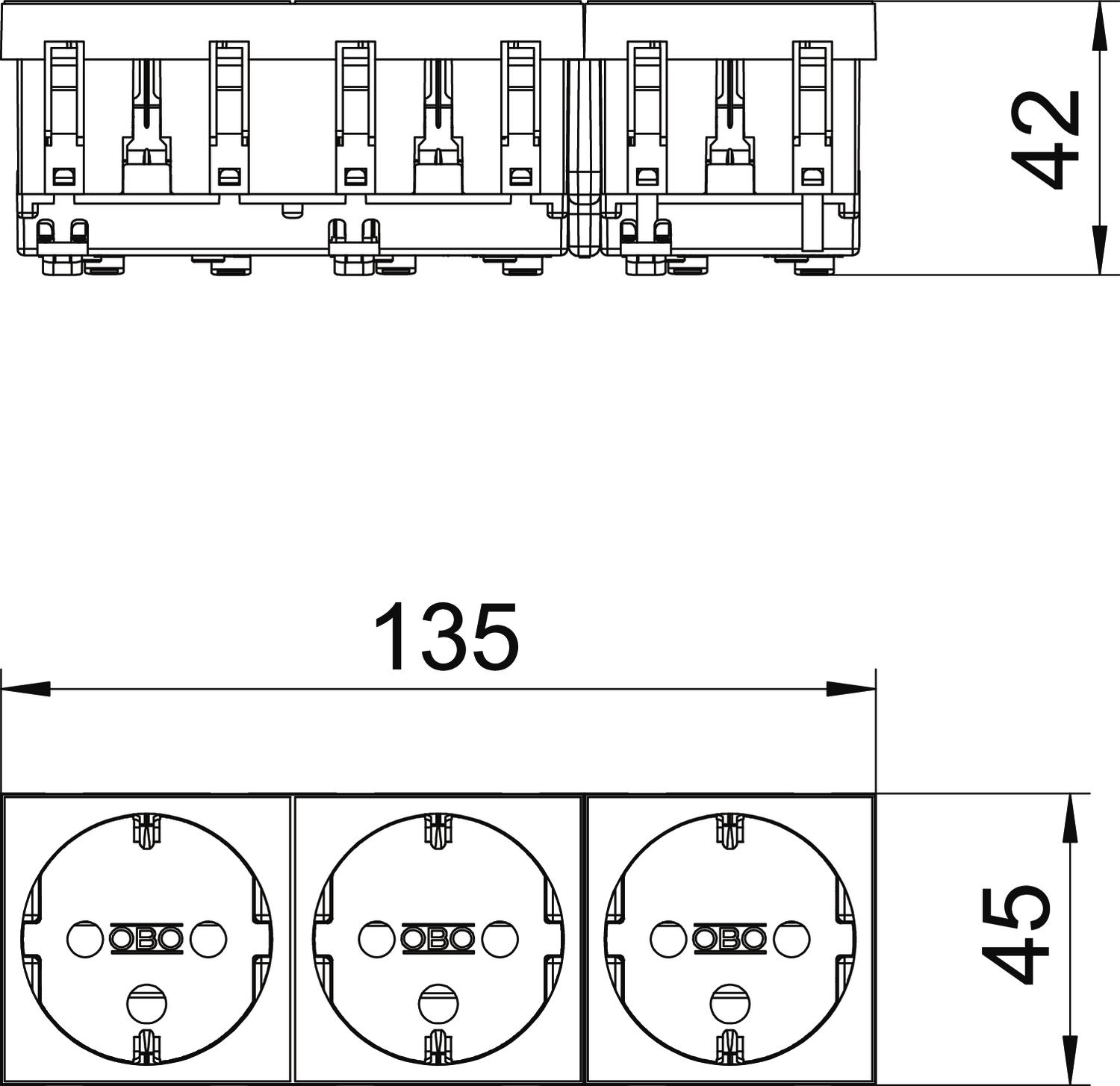 Tomada 0°, tripla, encrav. Alvéolos protegidos 250V, 10/16A Policarbonato vermelho RAL 3001 – Imagem 2 de 3