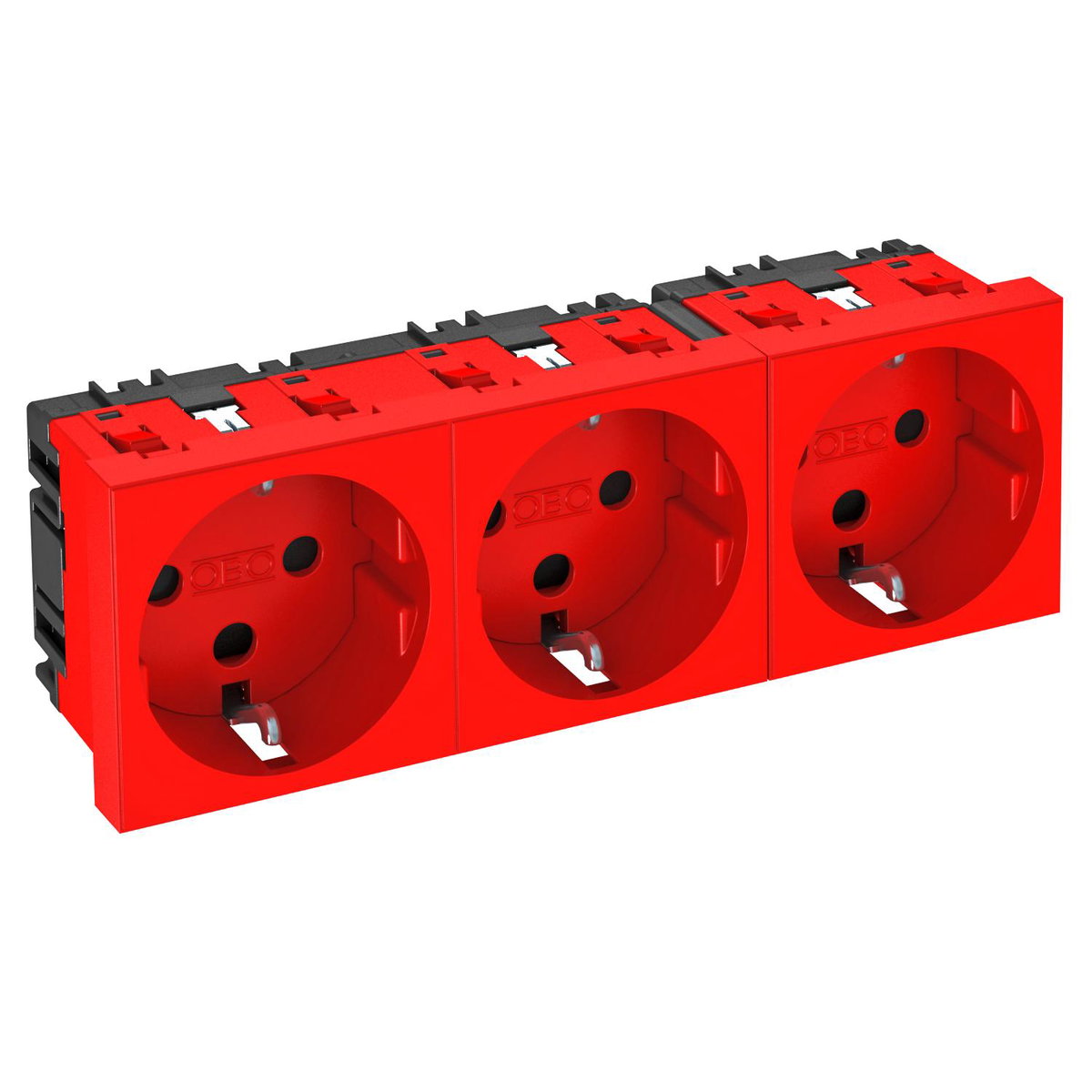 Tomada 0°, tripla, encrav. Alvéolos protegidos 250V, 10/16A Policarbonato vermelho RAL 3001