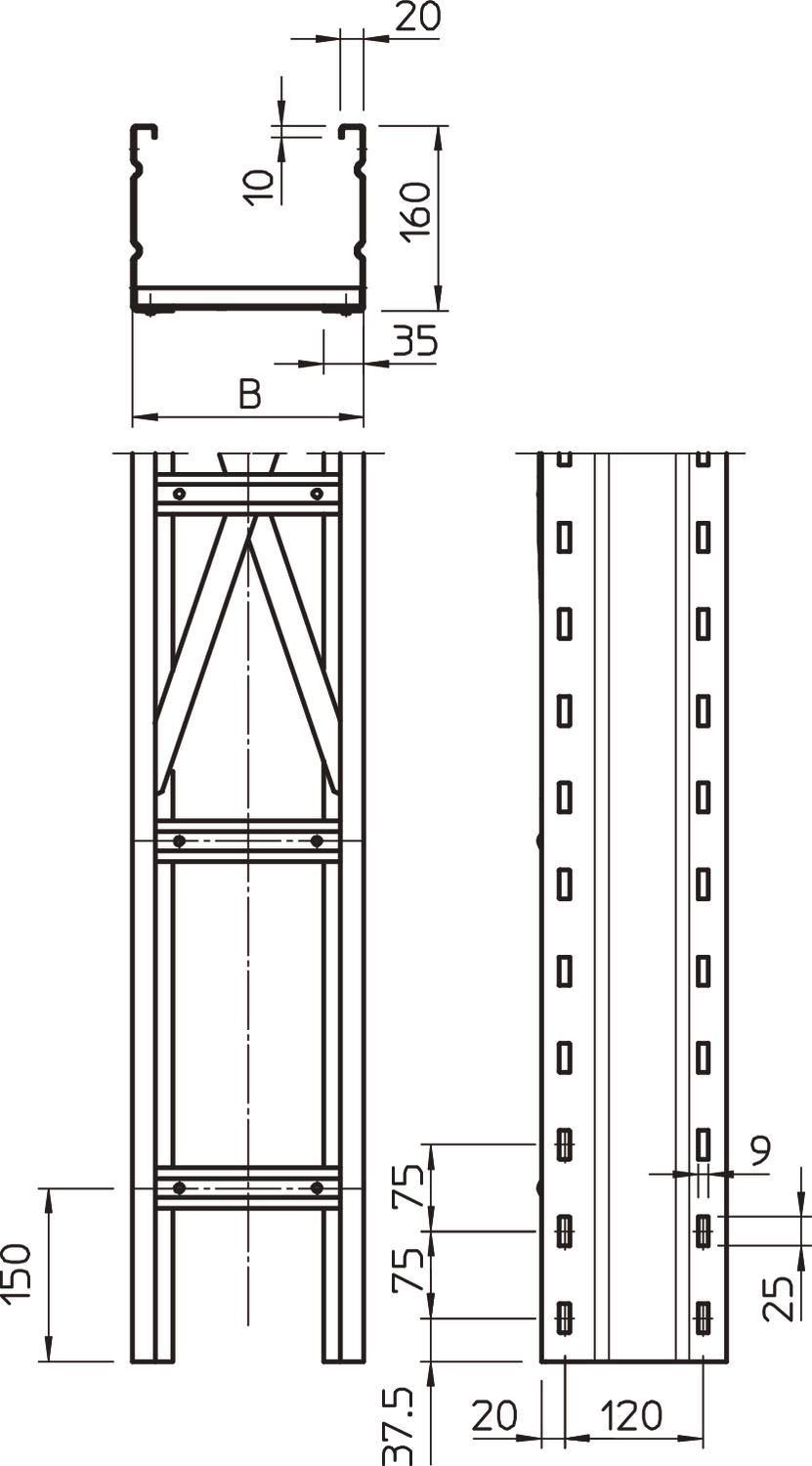 Caminho cabo escada grande vão aba perfurada 160x600x6000 Aço Galvanizado por imersão a quente após maquinação 85µm zinco – Imagem 2 de 2
