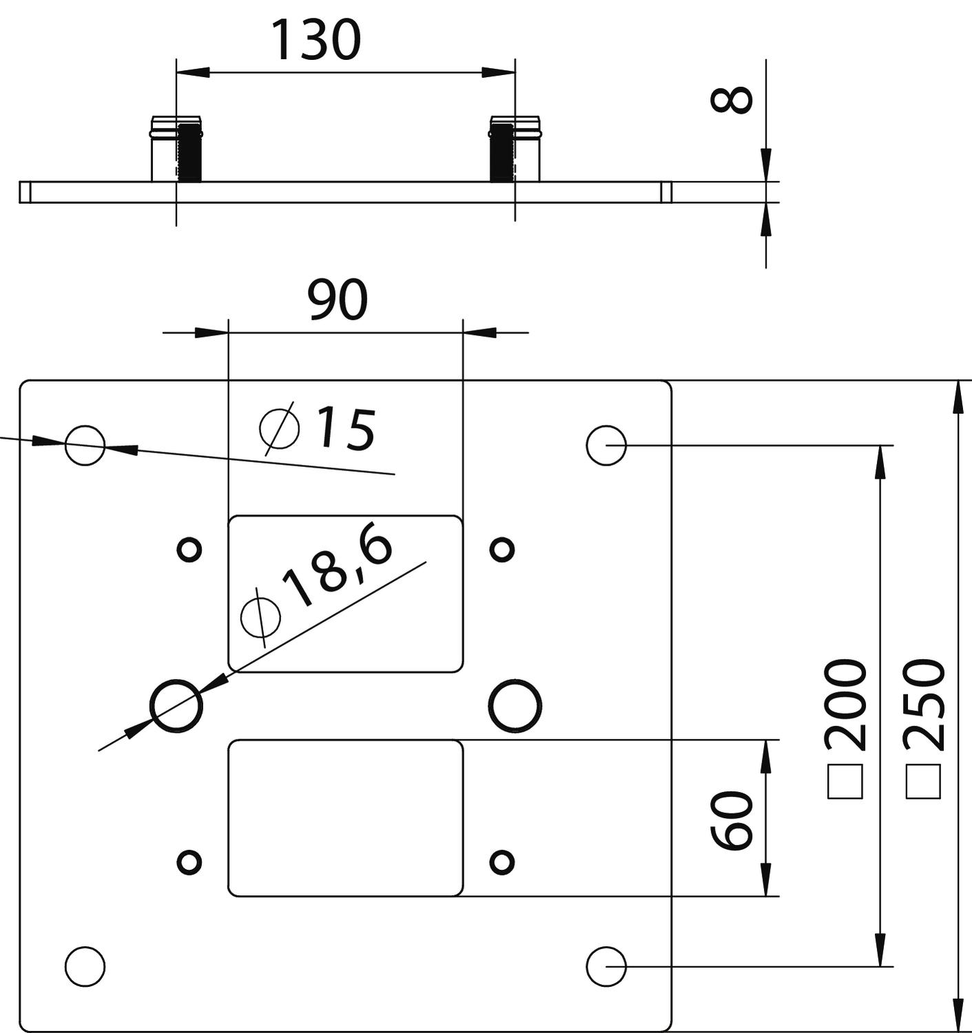 Base para colunas, indústria 250x250x8 Aço com galvanização contínua / com revestimento de plástico alumínio branco RAL 9006 – Imagem 2 de 2
