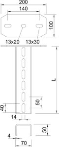 Pendural com cabeça de perfil soldada 70x50x1000 Aço Galvanizado por imersão a quente após maquinação 85µm zinco