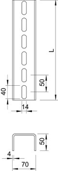 Perfil U perfurado de 3 lados 70x50x6000 Aço inoxidável A4 1.4571 brilhante, pós-tratamento aço inoxidável