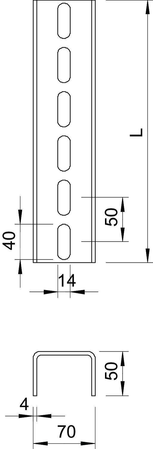 Perfil U perfurado de 3 lados 70x50x6000 Aço inoxidável A4 1.4571 brilhante, pós-tratamento aço inoxidável – Imagem 2 de 2