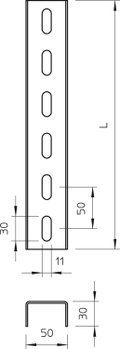 Perfil U perfurado de 3 lados 50x30x6000 Aço inoxidável A4 1.4571 brilhante, pós-tratamento aço inoxidável