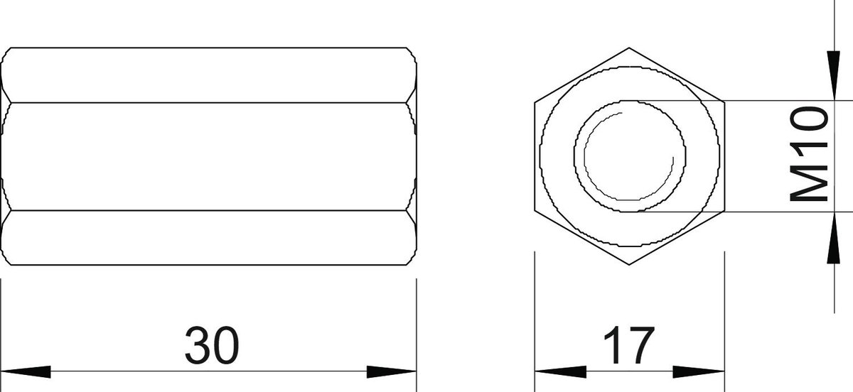União para varão roscado M10x30mm Aço inoxidável, livre de ferrugem A2 1.4301 brilhante, pós-tratamento – Imagem 2 de 2
