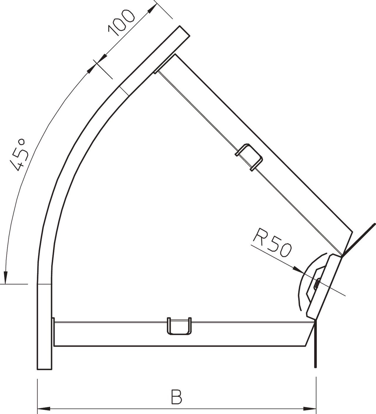 Ângulo 45º horizontal, com uniões curvas 35x200 Aço galvanizado pelo método Sendzimir – Imagem 2 de 2