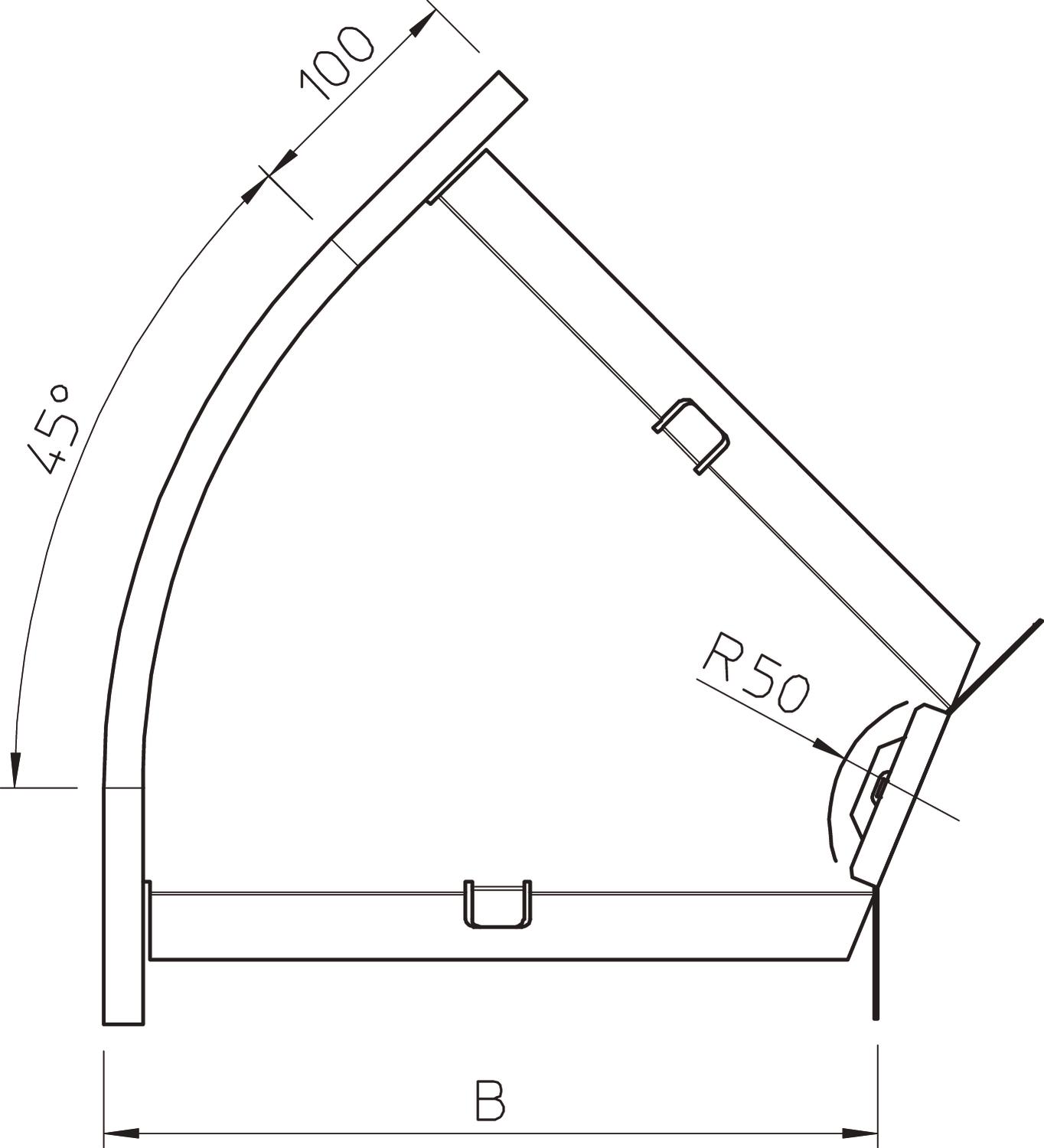Ângulo 45º horizontal, com uniões curvas 35x100 Aço Galvanizado por imersão a quente após maquinação – Imagem 2 de 3