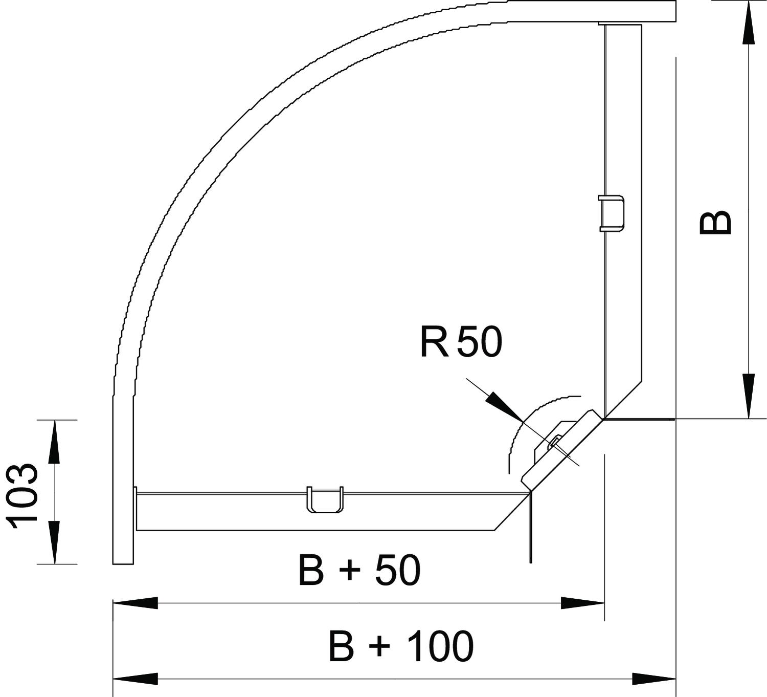 Ângulo 90° horizontal, com uniões curvas 110x300 Aço Galvanizado por imersão a quente após maquinação – Imagem 2 de 3