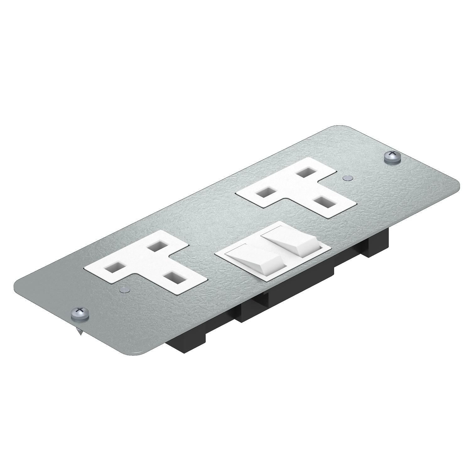 Placa suporte com tomadas BS versão dupla, comutador Aço com galvanização contínua / com revestimento orgânico branco RAL 9002