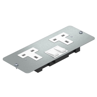 Placa suporte com tomadas BS versão dupla, comutador Aço com galvanização contínua / com revestimento orgânico branco RAL 9002