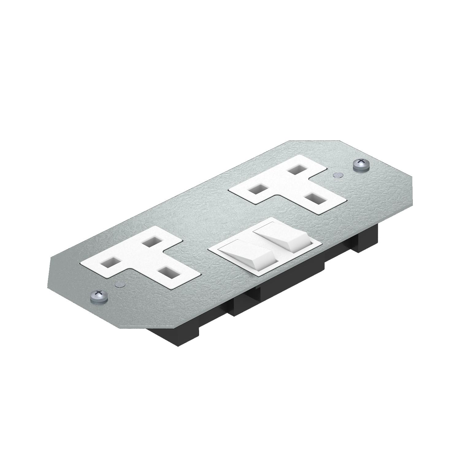 Placa suporte com tomadas BS versão dupla, comutador Aço com galvanização contínua / com revestimento orgânico branco RAL 9002