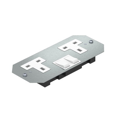 Placa suporte com tomadas BS versão dupla, comutador Aço com galvanização contínua / com revestimento orgânico branco RAL 9002
