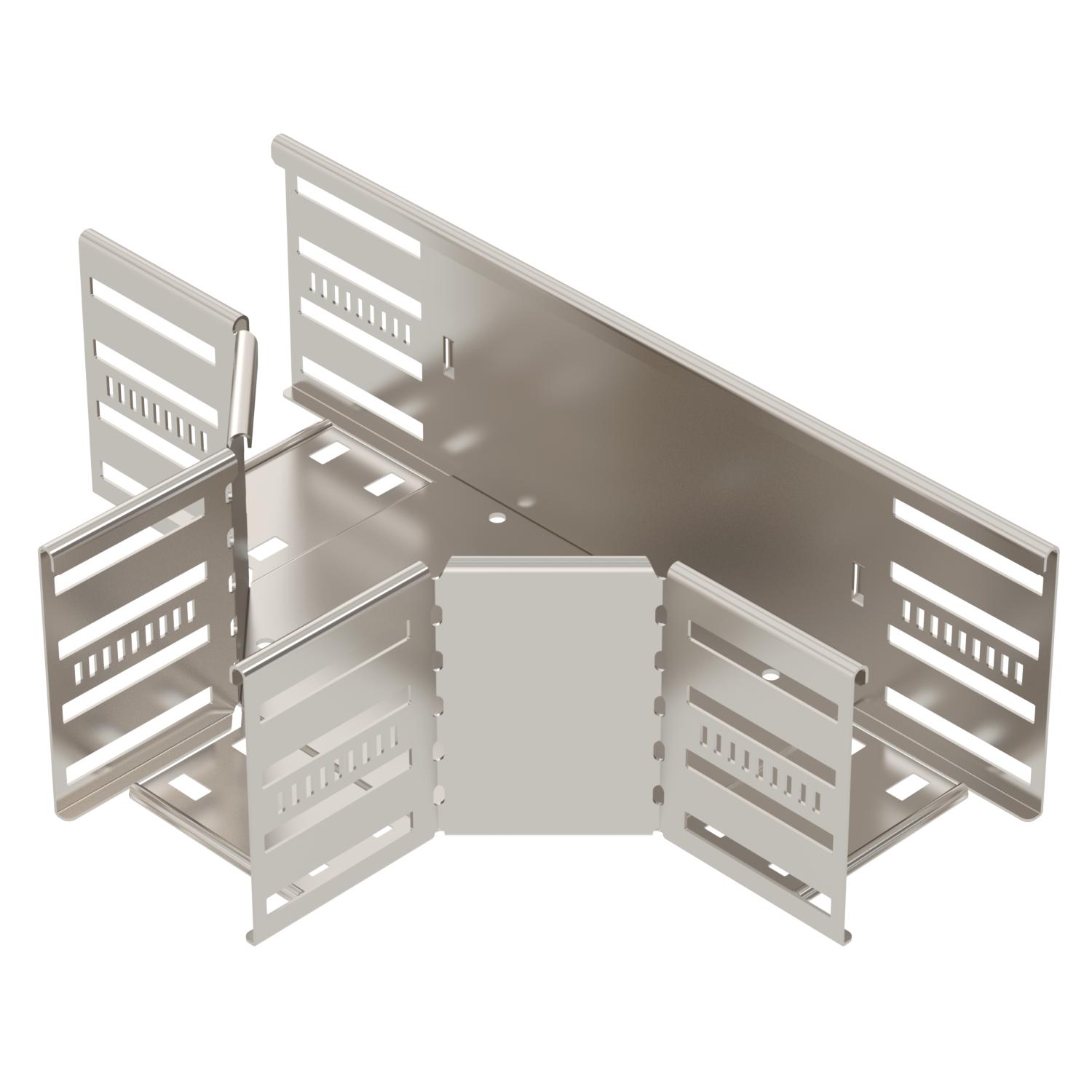 T piece for cable tray, horizontal 110x100 Aço inoxidável, livre de ferrugem A2 1.4301 brilhante, pós-tratamento aço inoxidável