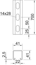 Perfil perfurado, rasgo 22mm 700x41x41 Aço Galvanizado por imersão a quente após maquinação