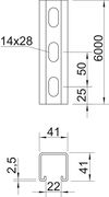 Perfil perfurado, rasgo 22mm 6000x41x41 Aço Galvanizado por imersão a quente após maquinação