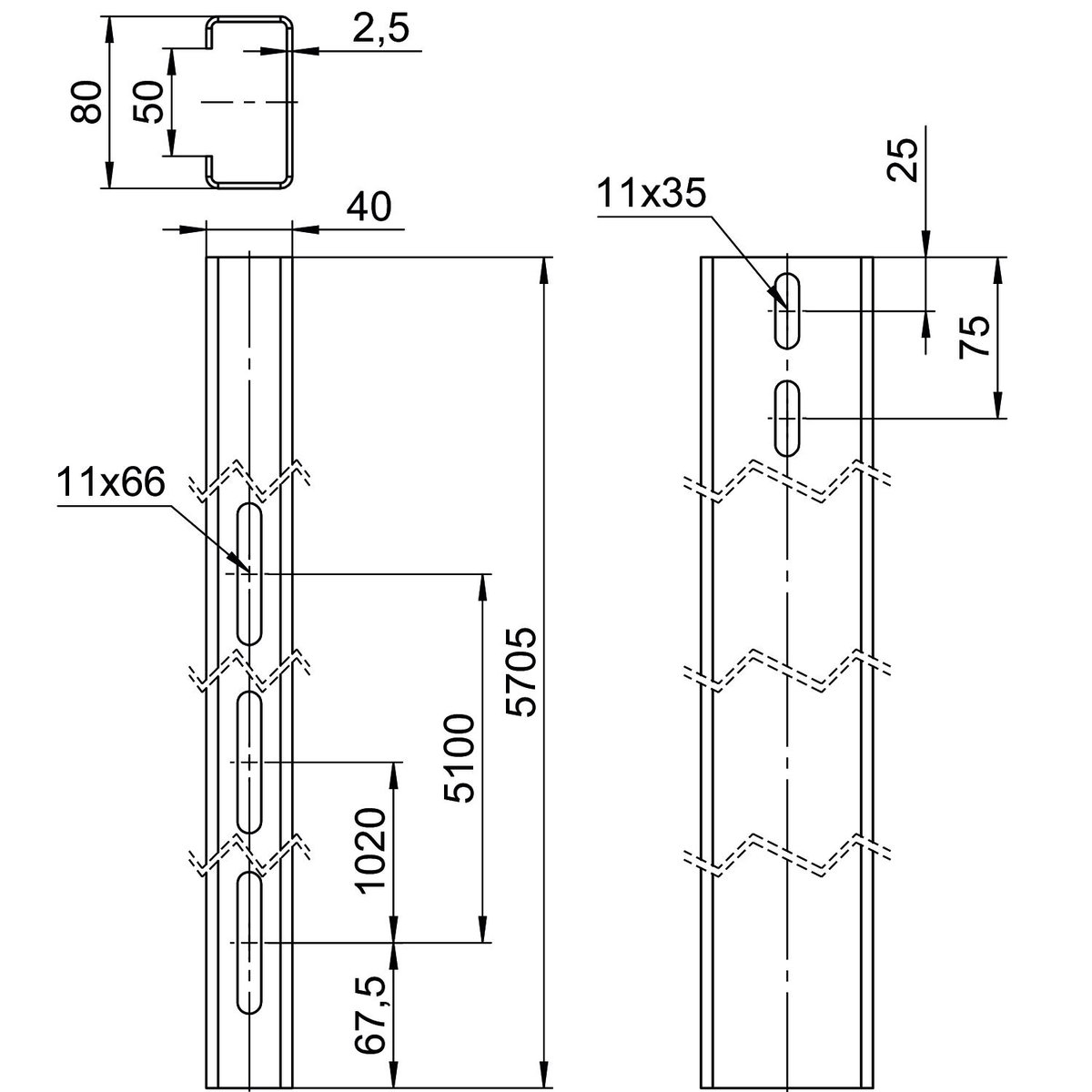 Perfil de estrutura para sistema em espaço aberto 40x80x5705 Aço Galvanizado por imersão a quente após maquinação zinco – Imagem 2 de 2
