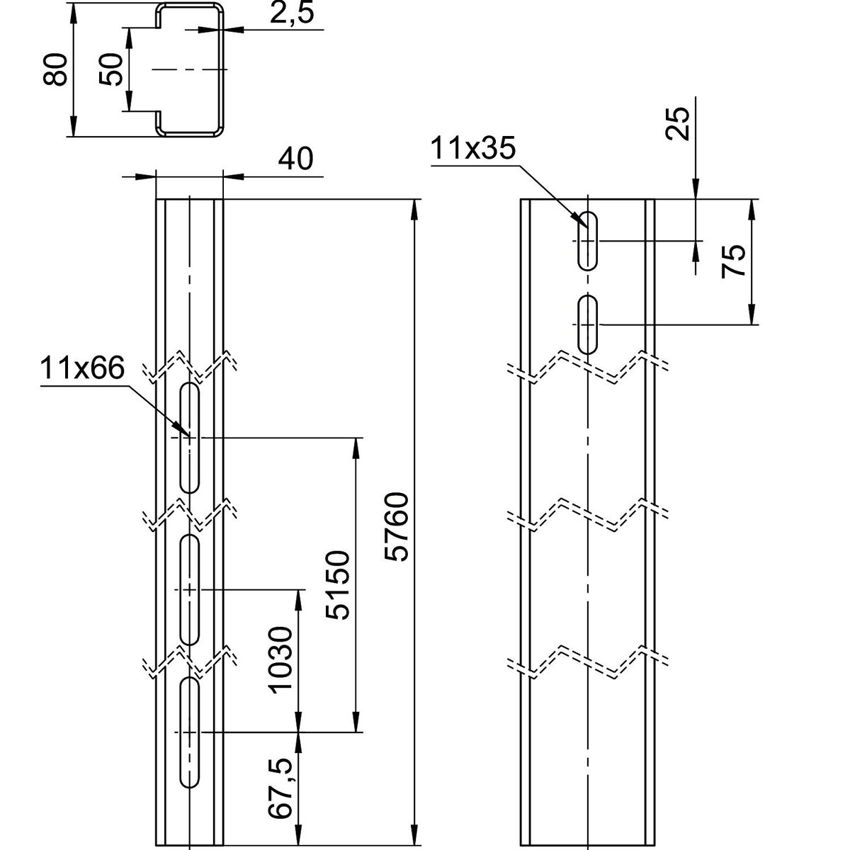 Perfil de estrutura para sistema em espaço aberto 40x80x5760 Aço Galvanizado por imersão a quente após maquinação zinco – Imagem 2 de 2