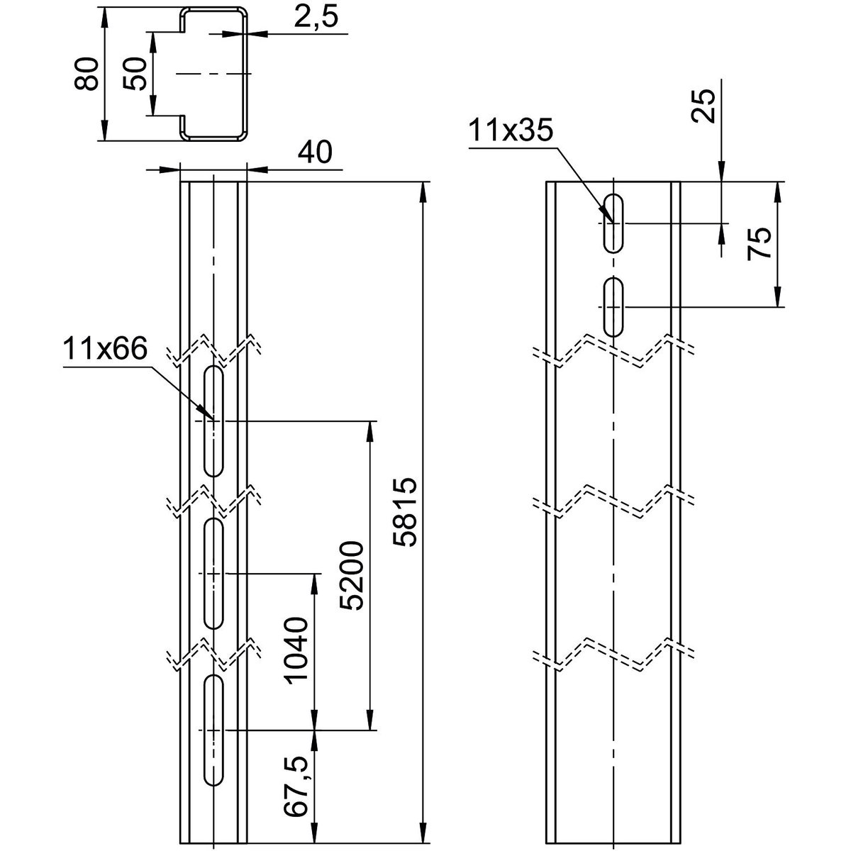 Perfil de estrutura para sistema em espaço aberto 40x80x5815 Aço Galvanizado por imersão a quente após maquinação zinco – Imagem 2 de 2