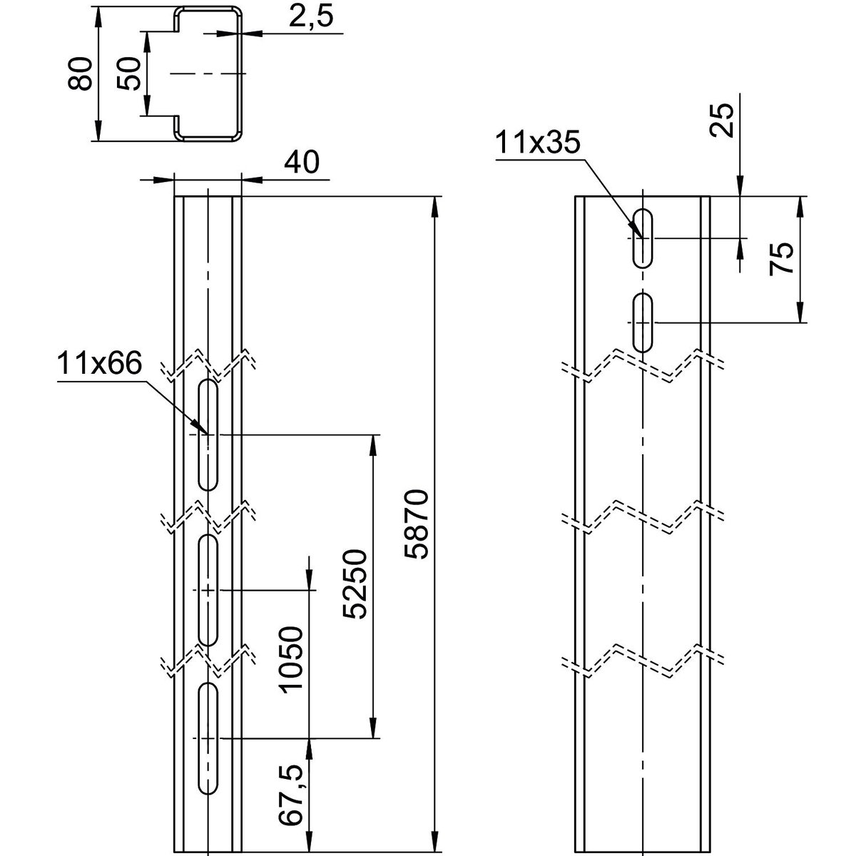 Perfil de estrutura para sistema em espaço aberto 40x80x5870 Aço Galvanizado por imersão a quente após maquinação zinco – Imagem 2 de 2