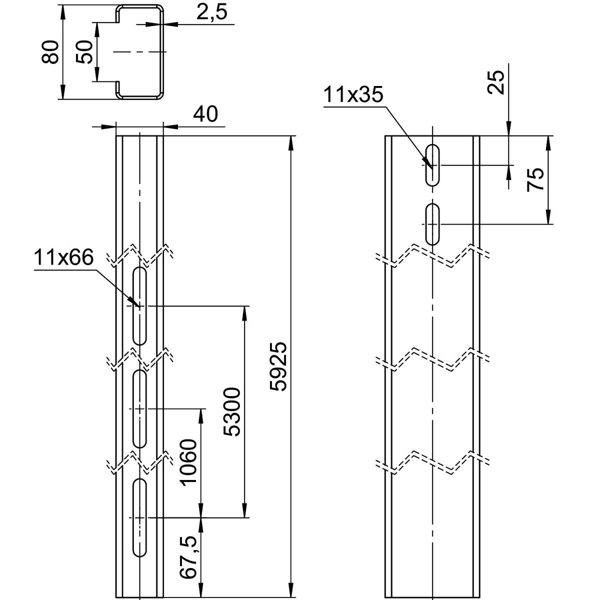Perfil de estrutura para sistema em espaço aberto 40x80x5925 Aço Galvanizado por imersão a quente após maquinação zinco – Imagem 2 de 2